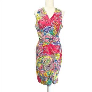 NWT Lauren Ralph Lauren colorful paisley mixed print sleeveless ruched dress 8